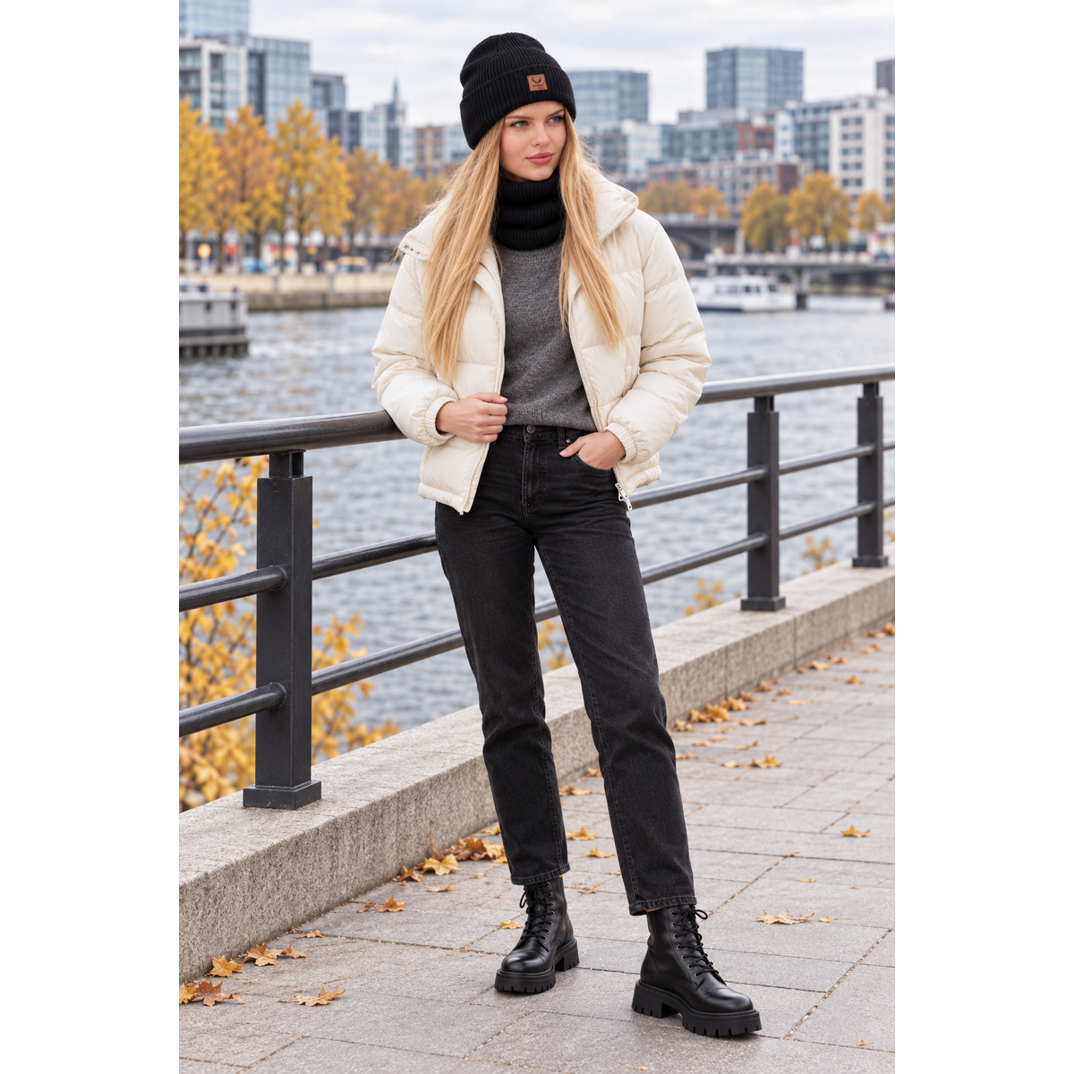 Ensemble bonnet et écharpe BRIGID - 100% laine mérinos - noir