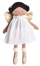 A white dress with a tulle skirt, worn by a doll with dark hair and a bow. The doll has a soft, plush body and is designed for young children.
