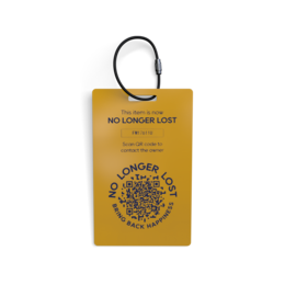 Rectangular luggage label in yellow with black text and graphic design, available in light grey, dark blue, yellow, and rust brown colors.