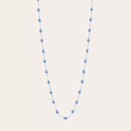  Sky blue and silver resin necklace with beaded chain.