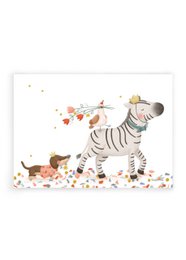 A colorful and whimsical print featuring a zebra surrounded by confetti and other playful elements, perfect for a child's room or nursery.