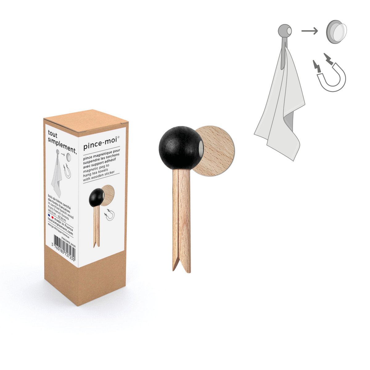 Expositor completo de 48 cajas de 1 clip magnético de madera para colgar paños de cocina - natural y negro + expositor gratis