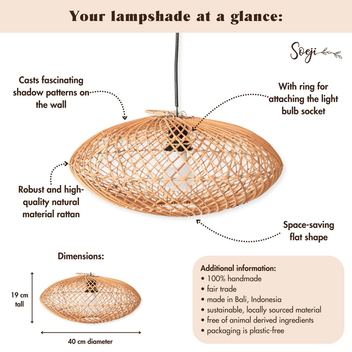 Rattan Abszade-BOHO Wiselant Light-Natural Suiling Lampa-Lampa w kształcie dysku-płaskie ręcznie tkane światło sufitowe (Ø 40 cm) Arana