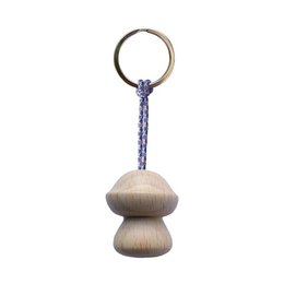 Wooden mushroom shaped keychain, lavender purple cord, stainless steel ring, natural wood finish, minimalist design