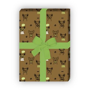 4 small sheets: cool bulldog wrapping paper with paws and bones, brown