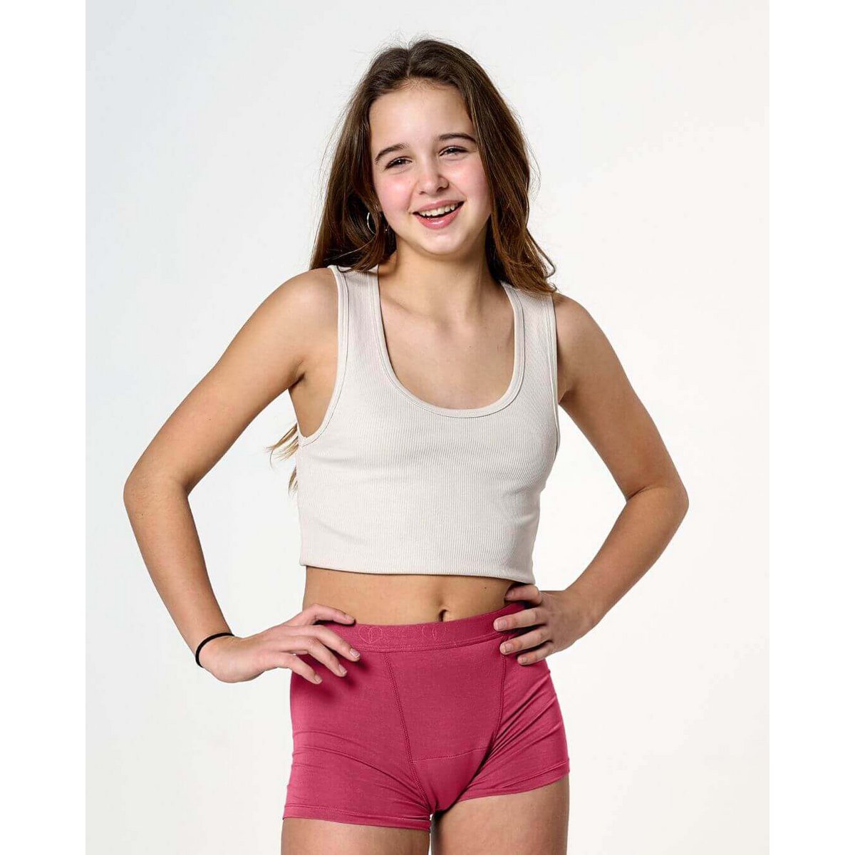 Menstruationshose Boyshort Mädchen – starke Absorption (schwarz, rosa Aufdruck)