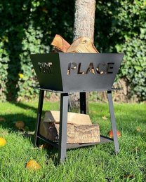 A modern, rectangular fire pit with a metal frame and a raised platform for the fire. The fire pit has a sleek, minimalist design and is suitable for outdoor use in a backyard or patio setting.