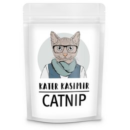 30g paper bag of dried catnip for cats, featuring an illustrated cat wearing glasses.
