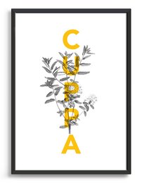 Floral wall art with the word "CUBA" in yellow text, featuring a crescent moon and sunflowers in black and white.