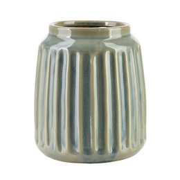 Ceramic vase with vertical ribbed texture, sage green and beige striped pattern, cylindrical shape, decorative home accent.
