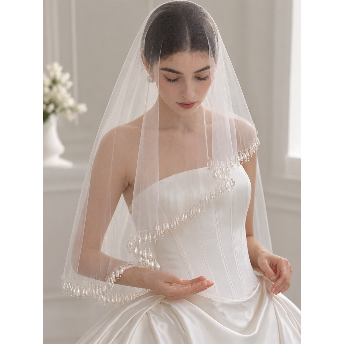 Romantic Teardrop Pearl Fringe Bridal Wedding Veil
