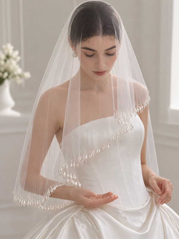 Romantic Teardrop Pearl Fringe Bridal Wedding Veil