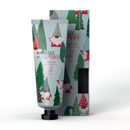  Christmas-themed hand cream in a 75ml tube, featuring a festive design with gnomes, trees, and a red and green color scheme.