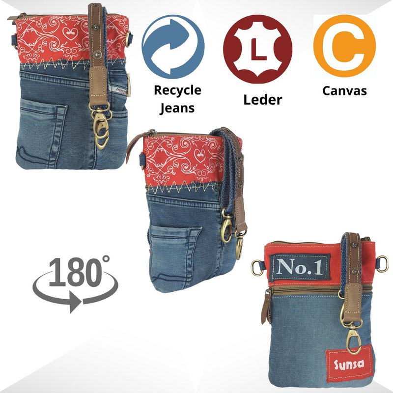Sunsa lille bæredygtig skuldertaske til kvinder. Skuldertaske lavet af genbrugte jeans & canvas (canvas). Håndtaske vintage retro stil. Crossbody taske til kvinder.