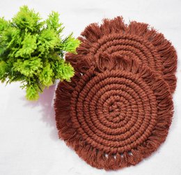 Brown macrame handwoven cotton coasters, round textured design, bohemian style, 6 inch diameter set