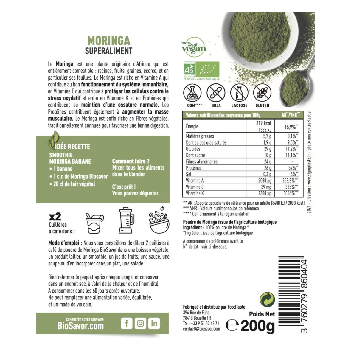 MORINGA EN POUDRE - 200G - COMPLÉMENT ALIMENTAIRE