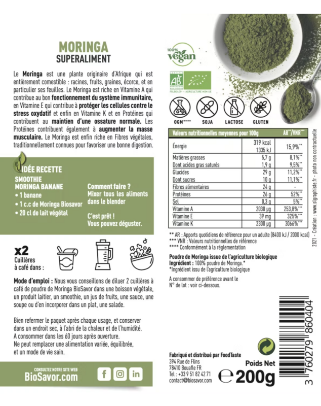 MORINGA EN POUDRE - 200G - KOMPLÉMENT ALIMENTAIRE