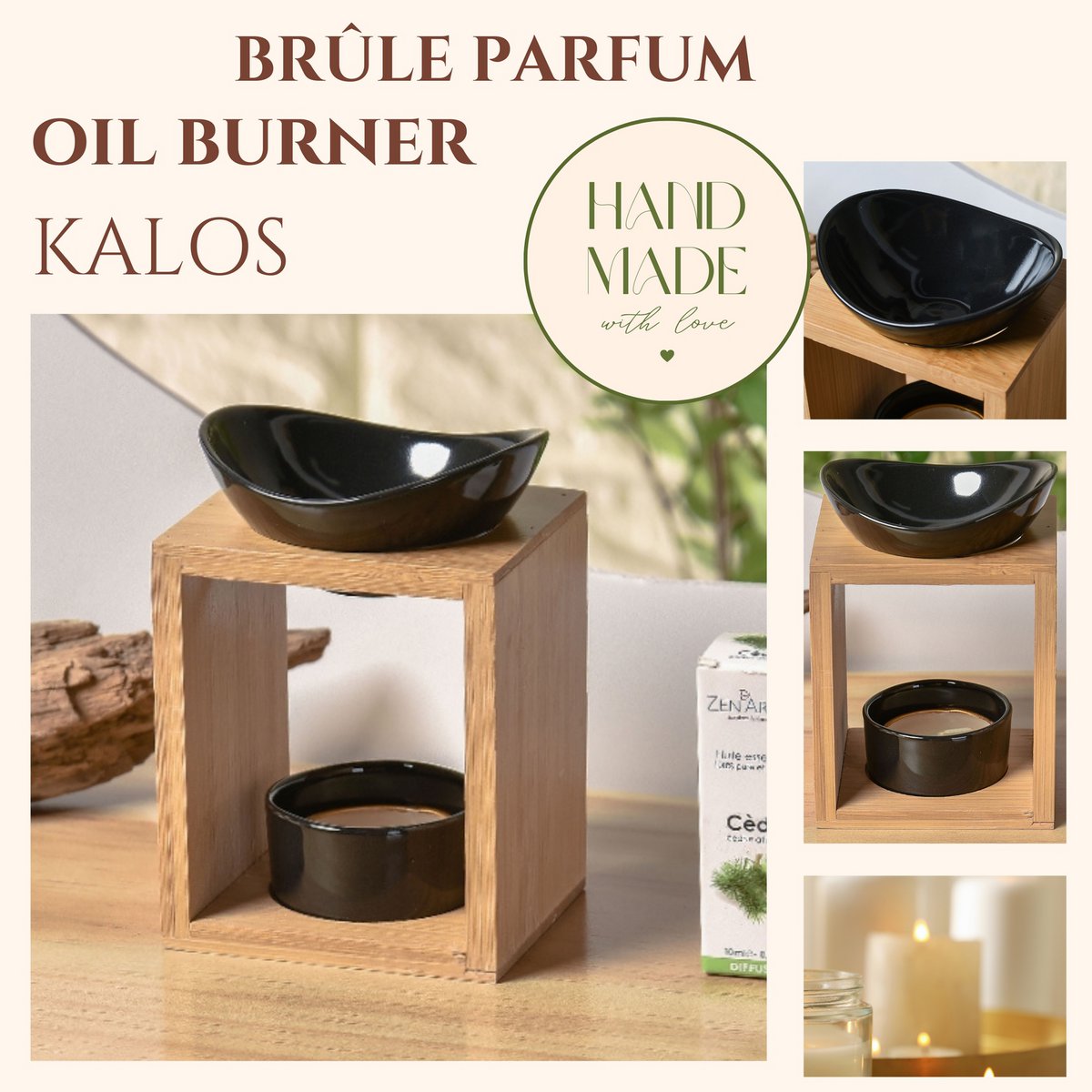 Quemador de perfume serie Naturea - Kalos - Portavelas de cera perfumada - Objeto decorativo de aromaterapia - Bambú y cerámica - Idea de regalo