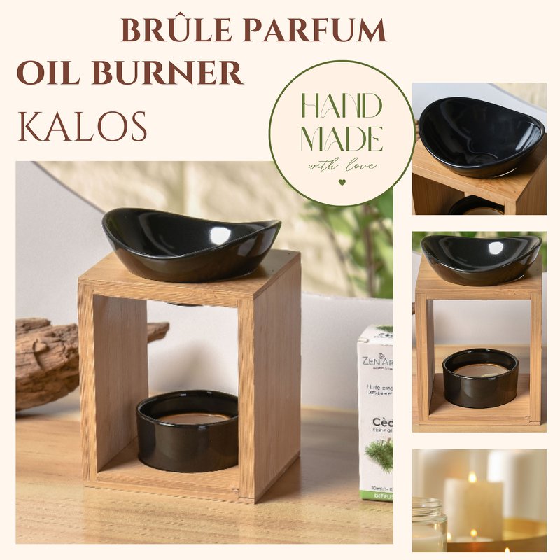 Quemador de perfume serie Naturea - Kalos - Portavelas de cera perfumada - Objeto decorativo de aromaterapia - Bambú y cerámica - Idea de regalo