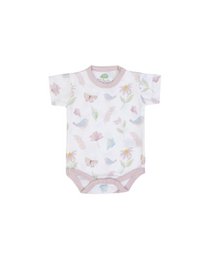  This baby romper features a white background with a colorful butterfly print. The short sleeves and snap closure make it easy to put on and take off. The soft, organic cotton material provides comfort for your little one.