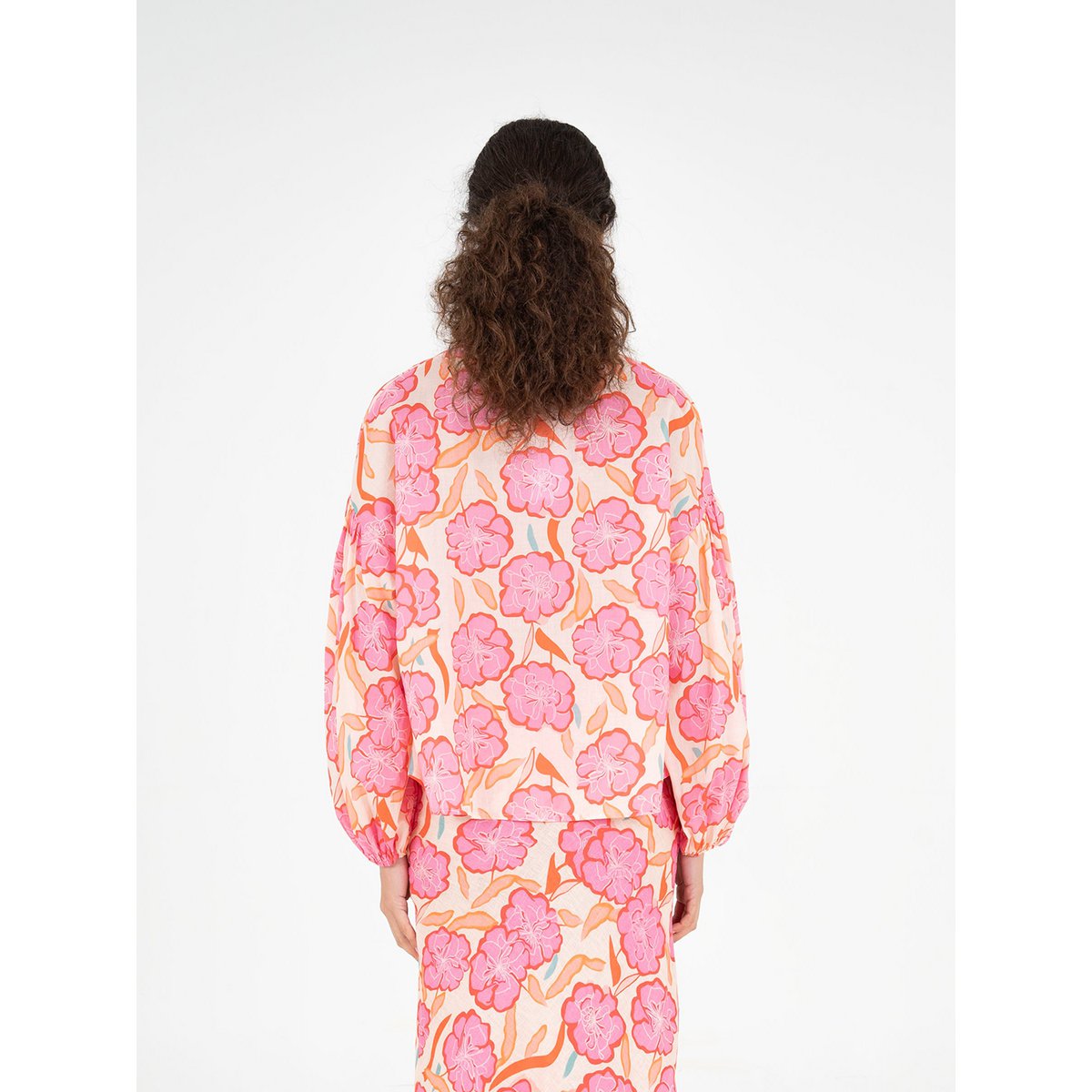 Goudsbloem roze bloemenprint blouse