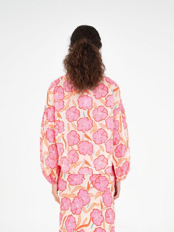 Goudsbloem roze bloemenprint blouse