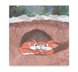 Cozy fox sleeping in a snowy den, illustrated on a greeting card.