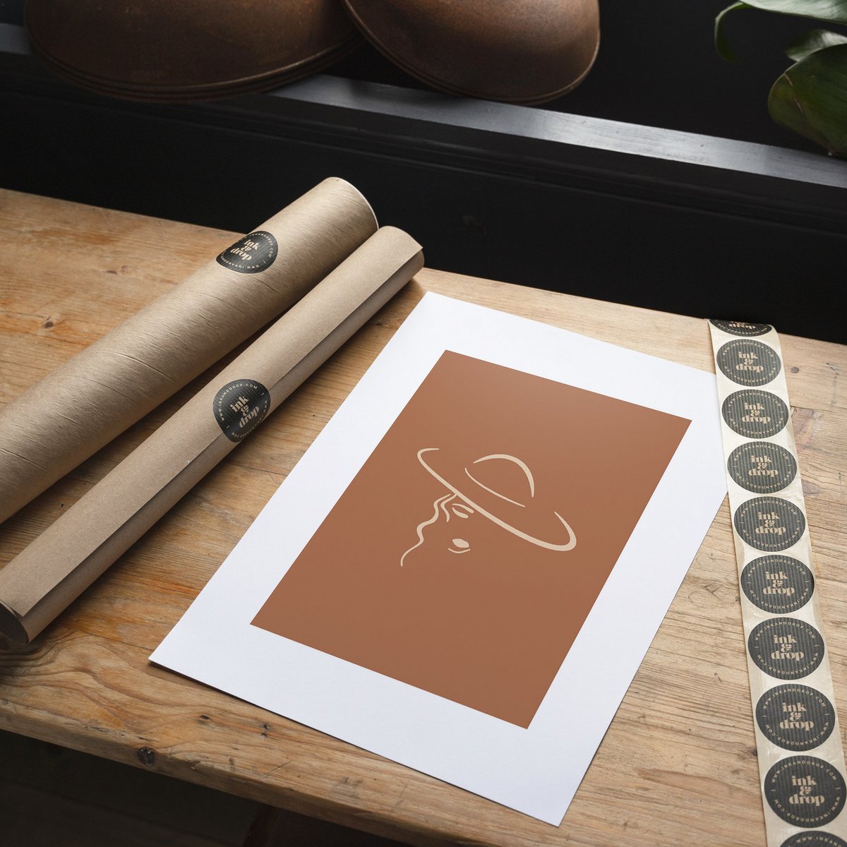 Lady Wearing Hat Natural Minimal Print