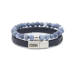 Black leather men's bracelet with woven texture and black metal closure.