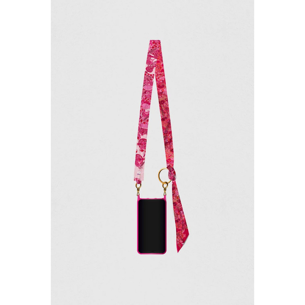 Virginie Riou – bandoulière de téléphone "citron caviar – 100% twill de polyester recyclé– rose, fruits – 128 cm x 5 cm