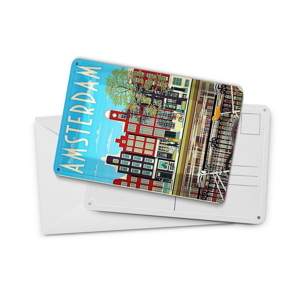 Cartolina da viaggio in latta 10x14 cm Amsterdam Olanda biciclette case decorazione cartello