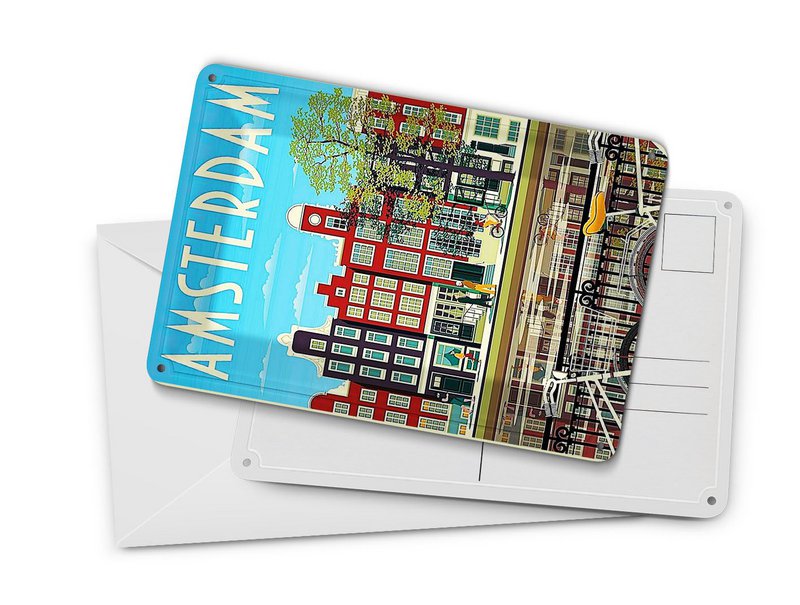 Postal de hojalata de viaje 10x14 cm Amsterdam Holanda bicicletas casas decoración cartel