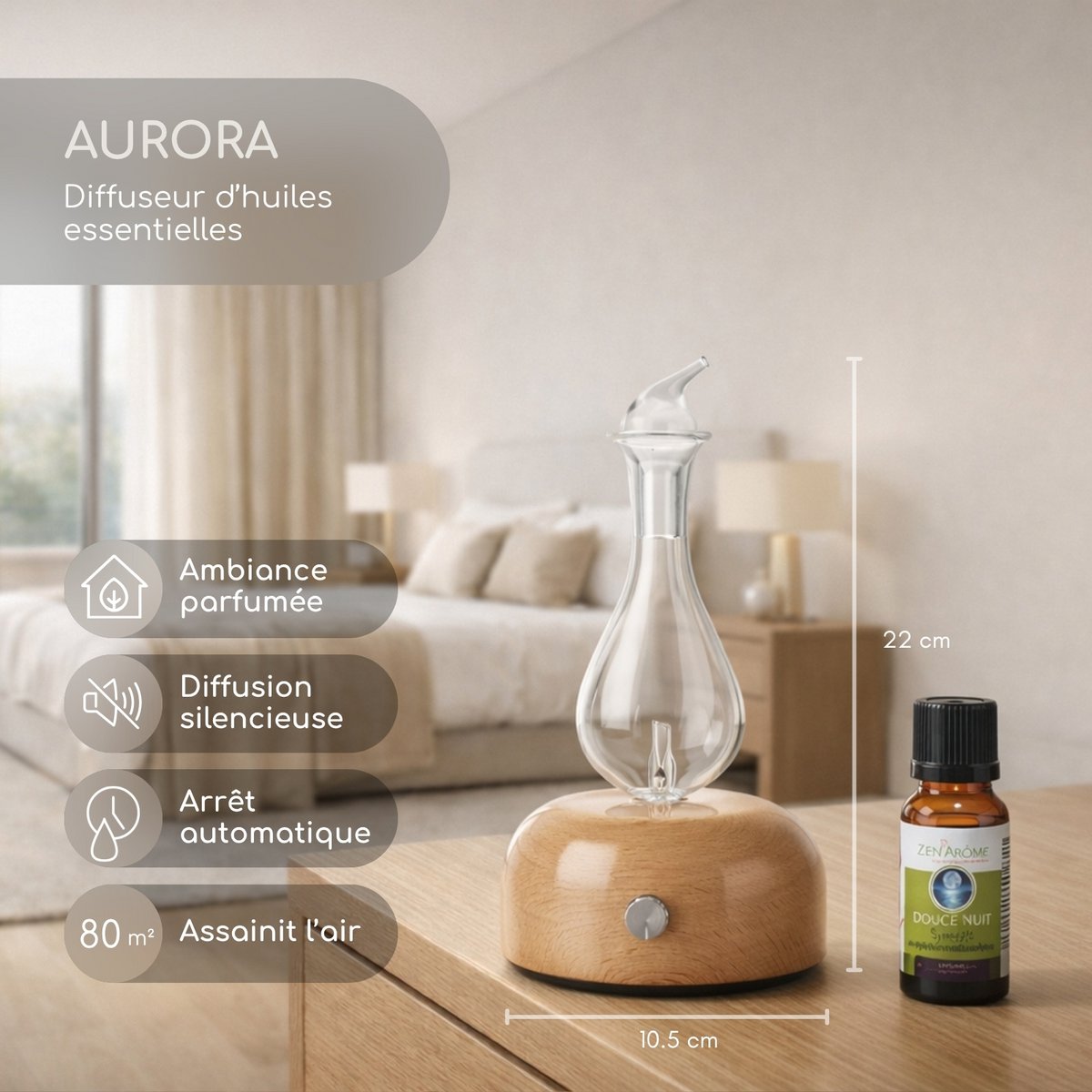 Nebulization diffuser - Aurora - wood and FSC glass - Sober and modern design - Timer function - Dimmer button - Decoration gift idea