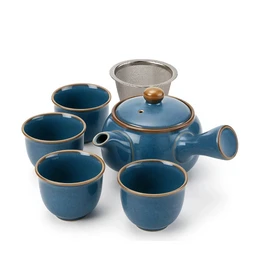 Juego de té japonés Kyusu - Olla de cerámica con asa lateral, colador de acero inoxidable y 4 tazas