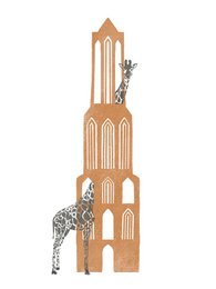 Whimsical giraffe poster for kids' room, featuring a giraffe standing in front of a cathedral-like structure. Available in two sizes, 14.8cm x 21cm and 30cm x 40cm.