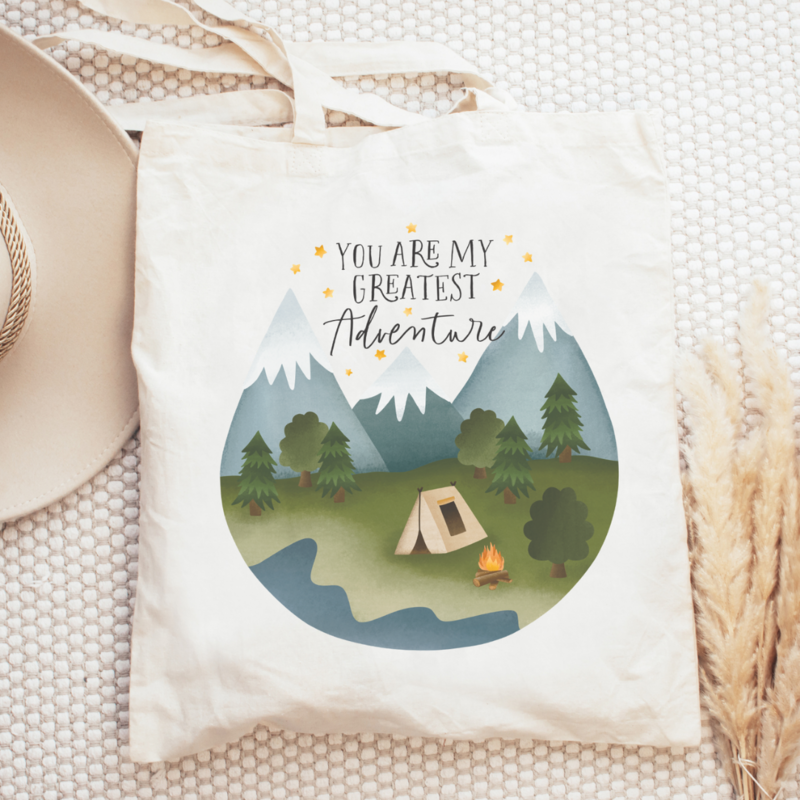 Campeggio da viaggio per sacchetti in tessuto "Sei la mia più grande avventura" Tenda Mountains - Regale Outdoor Couple Jute Pocket