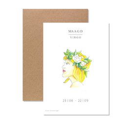 Greeting card featuring a vibrant illustration of a Virgo zodiac sign character. The card is made of high-quality materials and is suitable for various occasions.