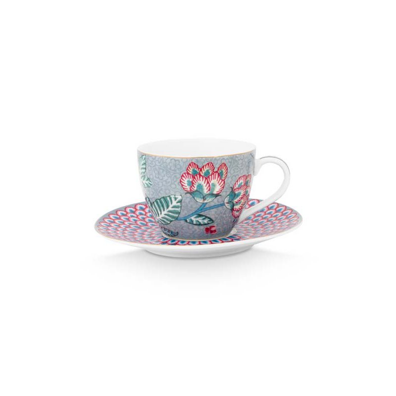 Set/2 Espresso Cups & Saucers Flower Festival Light Blue 120ml