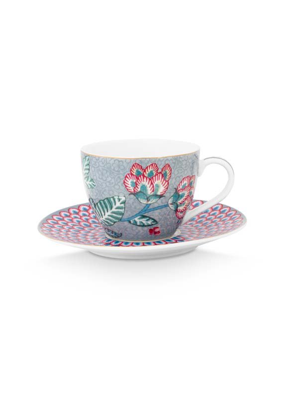 Set/2 Espresso Cups & Saucers Flower Festival Light Blue 120ml