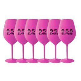 A set of 6 pink wine glasses with the text "9.58 SANTERO" printed on them. The glasses have a tall, stemmed design and a vibrant pink color.
