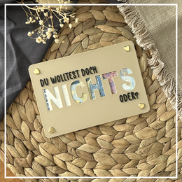Beige wooden gift card with text "Du wolltest doch nichts" and "NICHT" in blue letters, perfect for money gifts and thank you presents.