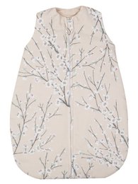 Cozy sleeping bag for infants 0-6 months, featuring a neutral-toned nature-inspired print with branches and leaves. Soft, breathable material for comfortable sleep.