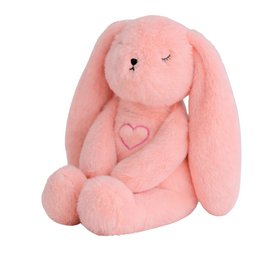 Pink plush bunny with long ears, heart design, soft cuddly toy, baby sleep companion, rabbit plushie.