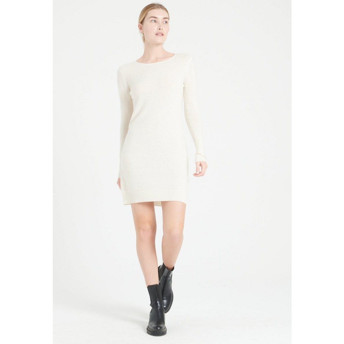 LILLY 12 Vestido con cuello redondo de cachemir blanco crudo