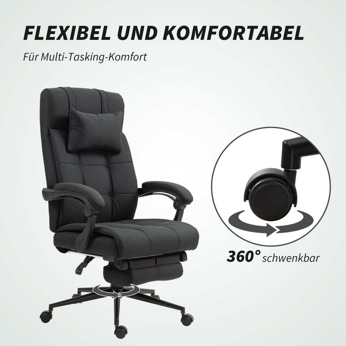Office chair with pillow armrest Desk chair with tilt angle Height-adjustable swivel chair with footrest Linen foam PVC Light gray 66 x 76 x 112-120 cm