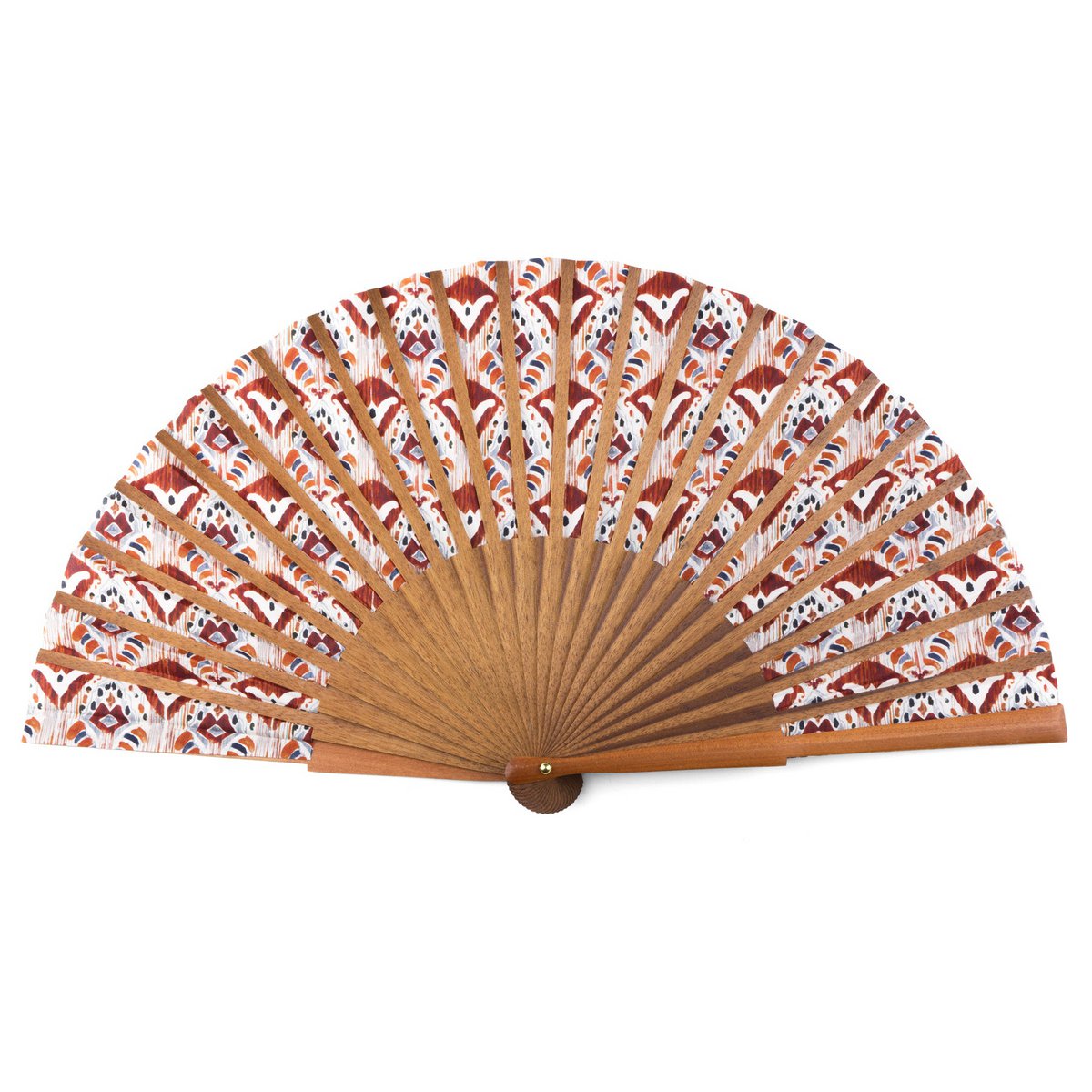 Ikat-inspiriertes Seidenlüfter-handgefertigt in Spanien mit Bocapi Wood