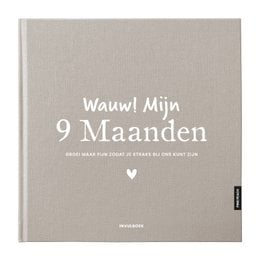 Linen sand-colored baby book with the title "Wauwl Mijn 9 Maanden" (My 9 Months) in white text. The book appears to be a fill-in journal or album for recording a baby's first 9 months.