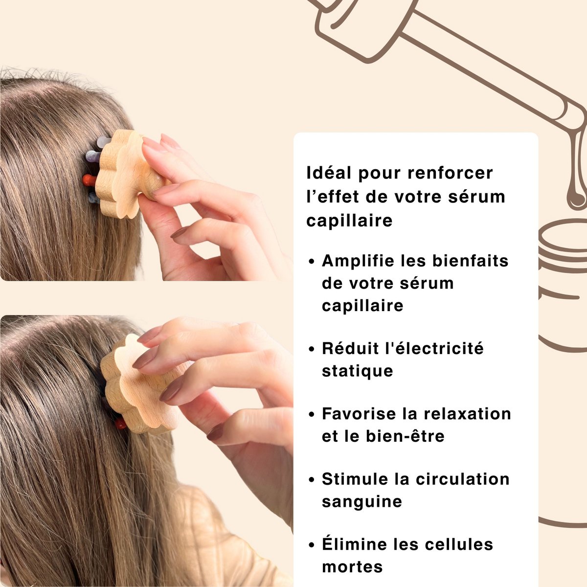 Flower Scalp Brush in FSC Beech Wood - 9 Natural Stone Massage Points - Stimulates Blood Circulation - Revitalizes Scalp - Natural Lithotherapy Hair Care