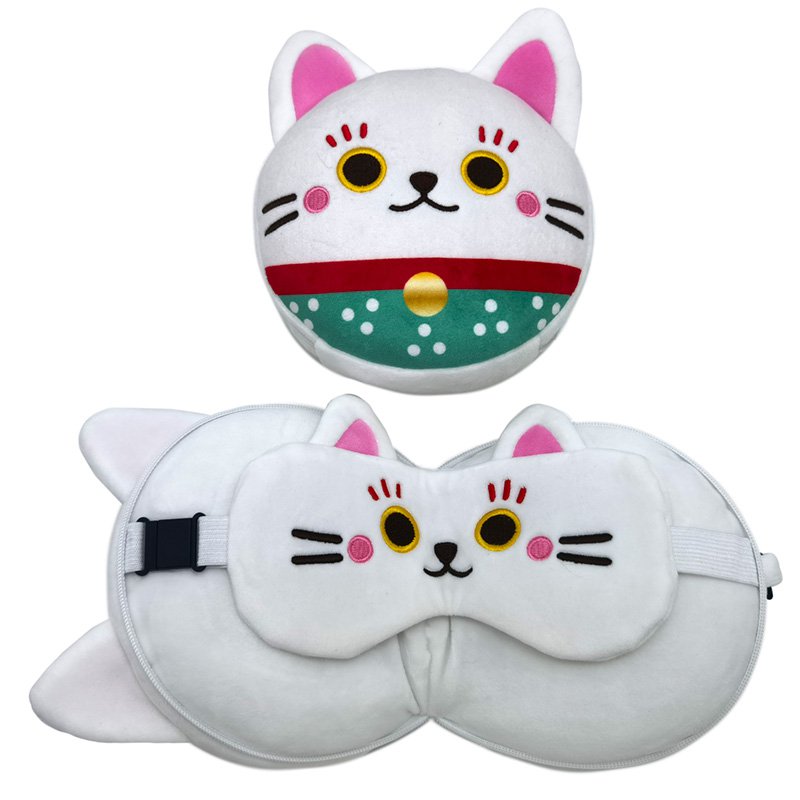Relaxeazzz Maneki Neko Lucky Cat Plush Travel Pillow & Eye Mask