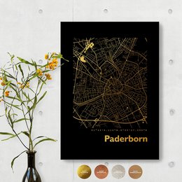 Angular wall art map of Paderborn in various color options and sizes, including black, gold, copper, rose gold, silver, and white.